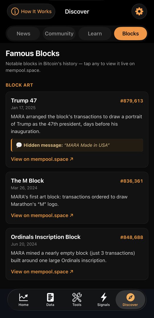 Discover: news, community and famous blocks from Bitcoin history