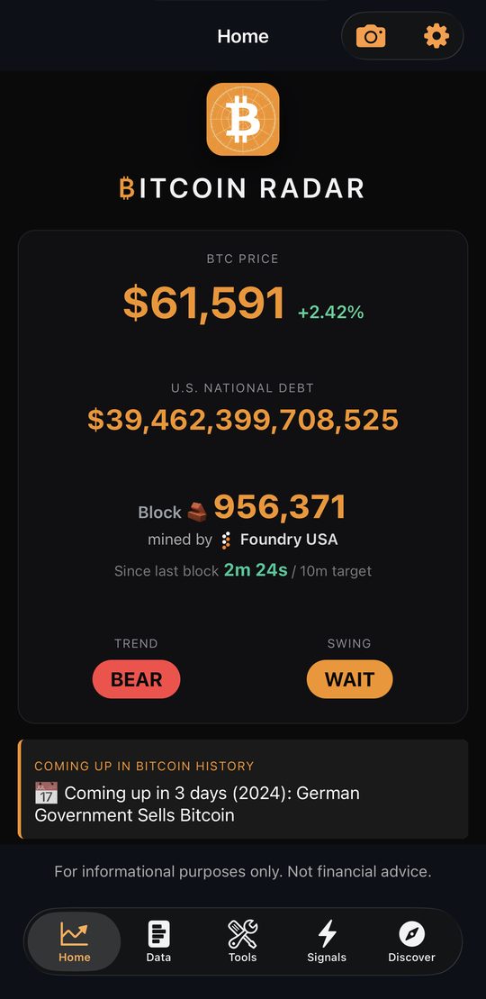 Home tab: live BTC price, U.S. national debt, block height, Trend and Swing chips