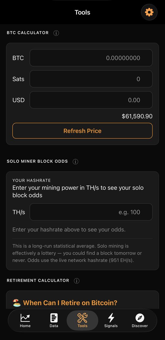 Tools: BTC calculator, solo miner block odds and retirement calculator